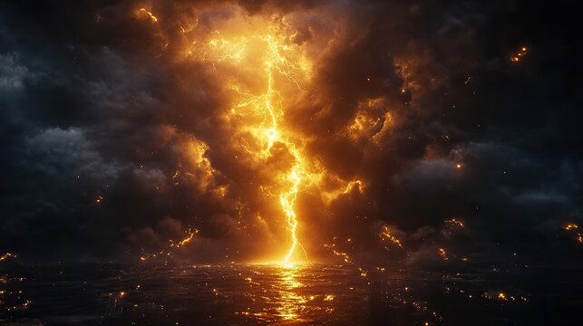A blinding golden lightning bolt slashes across a dark stormy night sky,