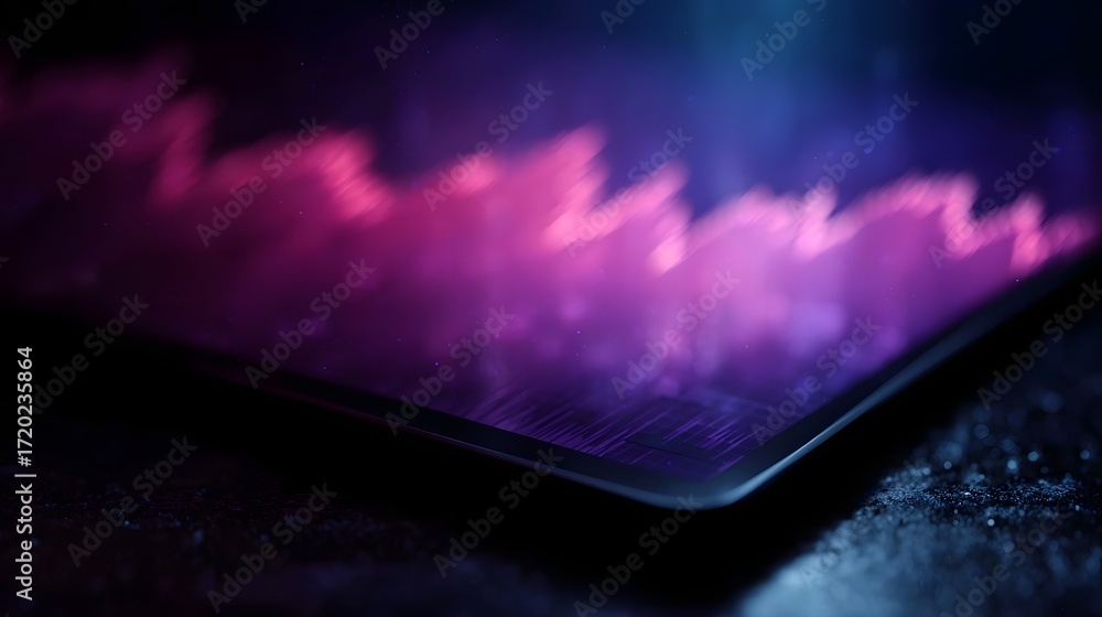 Poster close up of a futuristic screen displaying abstract digital patterns of glowing magenta and purple l