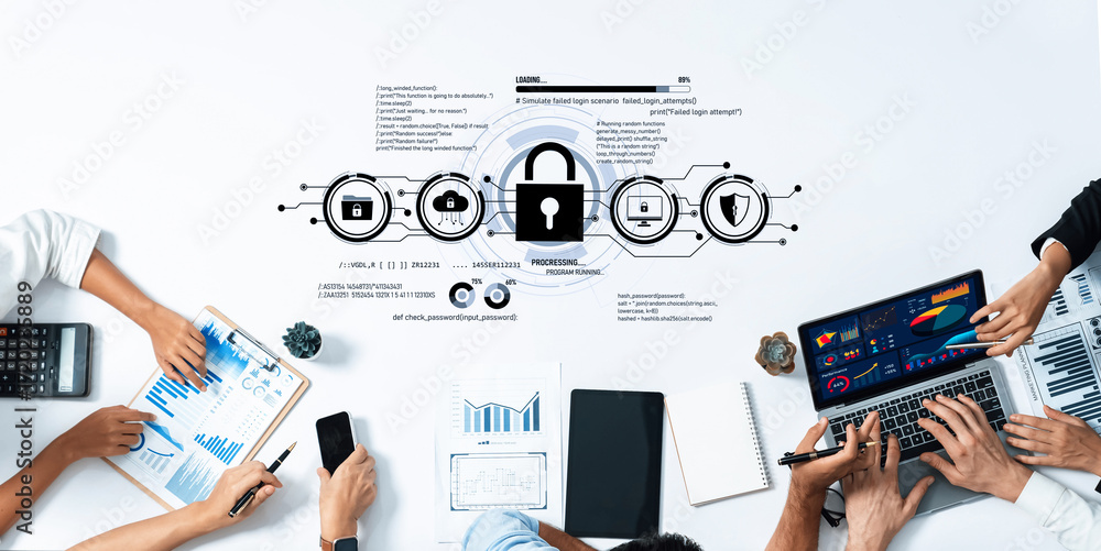 Poster a group of business professionals collaborates at a table, analyzing data and discussing cybersecuri