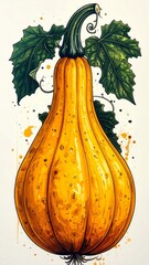 Watercolor Painting of Yellow Pear Shaped Squash with Green Leaves Against White Background