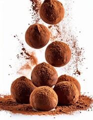 Pile of Chocolate Truffles Falling with Cocoa Powder on White Background