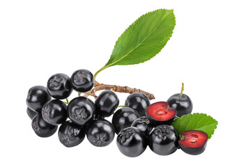 Chokeberry with leaf isolated on white background. Black aronia.