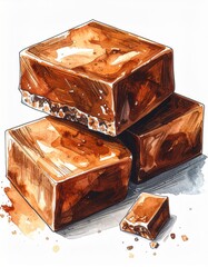 Watercolor Illustration of Stacked Fudge Squares with Brown Palette and Detailed Texture on White