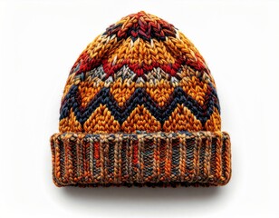 Colorful Knitted Beanie Hat with Zigzag Pattern on White Background for Winter Style and Warmth Isolated