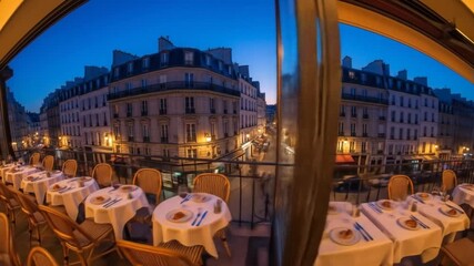 Scenic evening view from a restaurant balcony overlooking Parisian streets and buildings