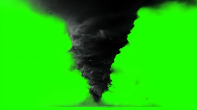 Swirling Tornado on Green Screen - A dark, powerful tornado swirls against a bright green screen background. This dramatic weather effect is perfect for compositing into various video projects.