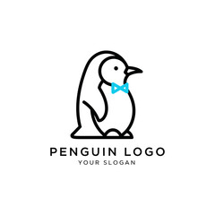 A minimalist penguin logo with a blue bow tie, rendered in a simple, clean line art style on a white background.