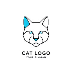 Geometric cat logo design featuring a minimalist head with blue accents and text.