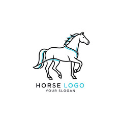 A minimalist line art logo of a trotting horse with a blue accent, on a white background.