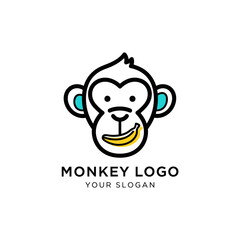 Happy monkey logo design, eating a banana, minimalist style.