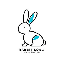 A minimalist, modern line art logo featuring a stylized white rabbit with blue accents on its ears and hindquarters, accompanied by text for a brand name and slogan.