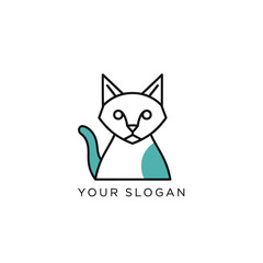 Minimalist line art illustration of a cat with geometric shapes and a turquoise tail and spot.