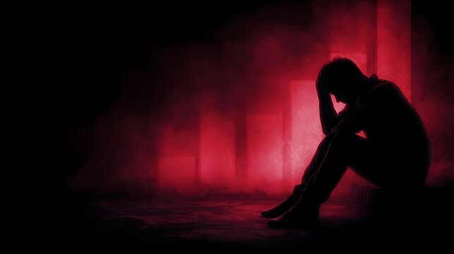 A distressed person sits alone in silhouette head in hands against a dramatic red and smoky background