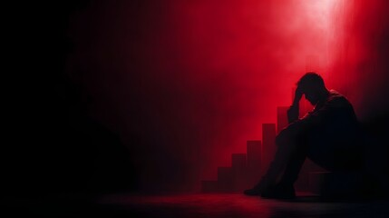 Dramatic red light illuminates a lone man s silhouette sitting on steps head in hands in a scene of deep despair and loss