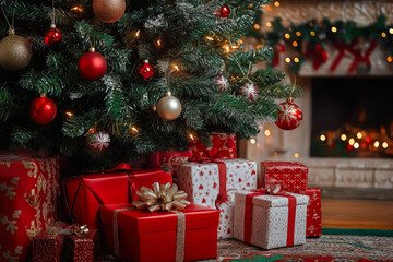 Christmas tree decorated with colorful ornaments and twinkling lights, surrounded by beautifully wrapped gifts, creating a warm and inviting holiday atmosphere with a cozy fireplace in the background