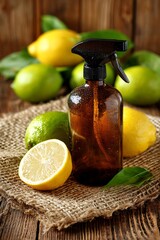 Glass spray bottle on wooden table with lemons