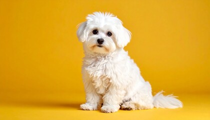 Adorable White Puppy Sitting on Yellow Background Perfect for Pet Product Ads.