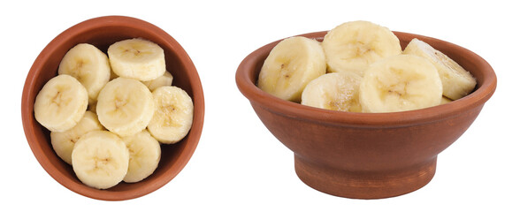 peeled banana pieces in ceramic bowl isolated on white background. Top view. Flat lay.