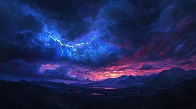 a classic night time thunderstorm with forked lightening strikes in the sky,