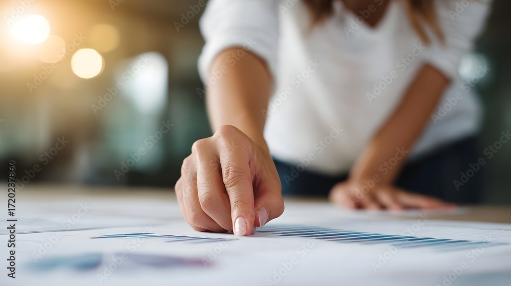 Poster close up of a person s hand pointing at a financial graph on a document in a modern office setting w
