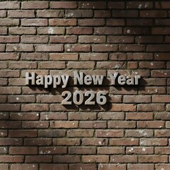 Fototapeta premium Red Brick Wall with 3D Carved Happy New Year 2026 Typography