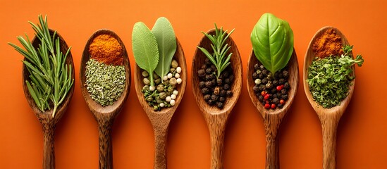 Flat lay of spices in eco friendly wooden spoons