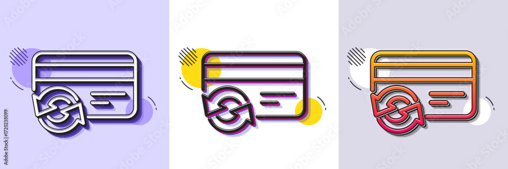 Poster Change credit card line icon. Halftone dotted pattern. Gradient icon with grain shadow. Payment method sign. Line change card icon. Various designs. Vector