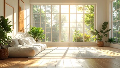Sunlit Living Room with Lush Greenery and Minimalist Decor.