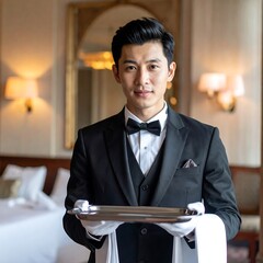 A butler holds a tray in a luxury hotel room