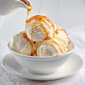 Delicious, melt-in-your-mouth ice cream in the form of balls, drizzled with caramel.
