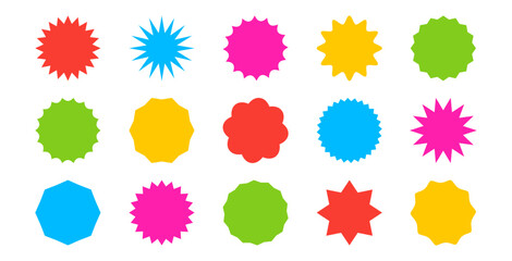 Shape star sticker icon, sun burst label. Circle bubble colorful badge. Retro price tag, sale round banner, discount stamp, abstract empty coupon set isolated on white bg. Simple vector illustration