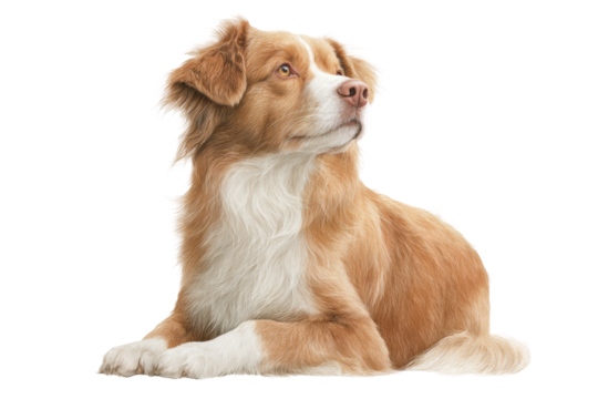 Adorable golden retriever dog lying down with alert expression and fluffy fur, cut out