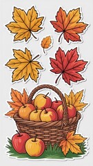 Autumn harvest illustration with apple basket, colorful leaves, and grass — perfect for seasonal printables, greeting cards, and educational materials