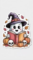 Cute Halloween ghost with witch hat, book, pumpkins, skulls, and autumn leaves — whimsical seasonal illustration for greeting cards and printable decor