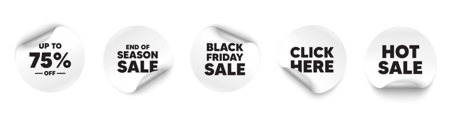 Discount tag sticker tag. Season sale, Black friday paper price banners. Up to 75 percent off sale. Discount offer price sign. Special offer symbol. Save 75 percentages. Click here sticker. Vector