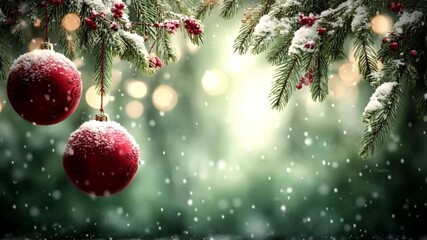 Christmas greetings in winter, red festive ornaments on pine tree, glistening holiday decor, joy-filled winter ambiance, soft white snow contrasts with red decorations, holiday perfection in nature