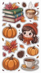 Autumn sticker set with pumpkins, books, warm drinks, and cozy character — perfect for seasonal planners, greeting cards, and printable fall decor