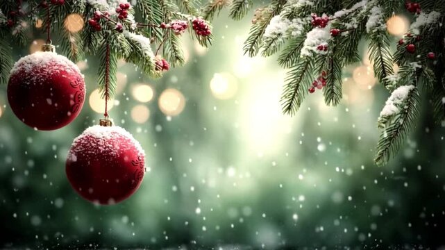 Christmas greetings in winter, red festive ornaments on pine tree, glistening holiday decor, joy-filled winter ambiance, soft white snow contrasts with red decorations, holiday perfection in nature