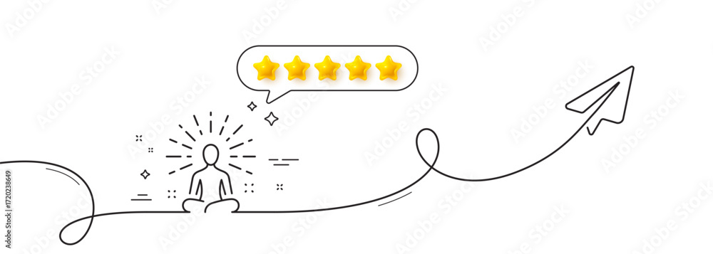 Poster yoga line icon. continuous line with share plane. meditation pose sign. relax body and mind symbol. 