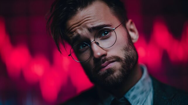 A thoughtful man with glasses and a beard looks confused amidst a vibrant blurred neon background conveying a sense of modern uncertainty