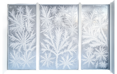 Frost covered window pane with snowflake patterns symbolizing the artistry of winter cold and natural elegance isolated on transparent background PNG