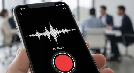 Man holds smartphone with voice recorder. Recording an audio message or interview in office. Application for sound capturing.