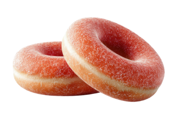 Sugary red gummy rings with granulated coating on black background, cut out