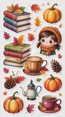 Fall-themed illustration with harvest books, warm beverages, and autumn elements — ideal for cozy lifestyle designs and printable decor