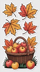 Illustration of apples and leaves for autumn learning materials — includes basket, grass, and fall foliage in warm seasonal colors