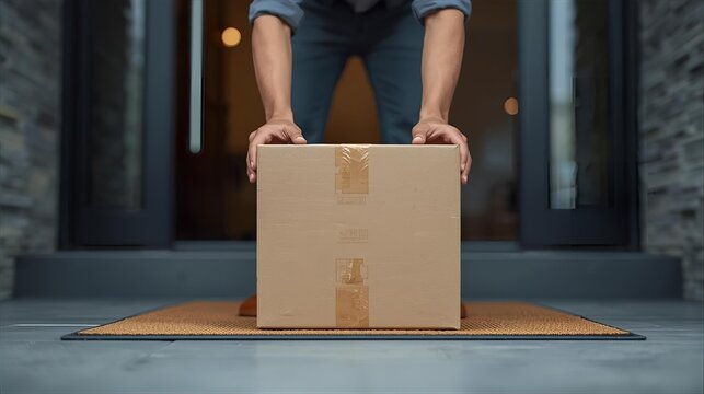 Efficient contactless home delivery Unrecognizable person carefully placing a large cardboard box on a doormat at a residential front door, highlighting secure package drop-off services