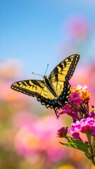 A butterfly rests on a vibrant flower