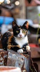 A calico cat rests on rusty metal