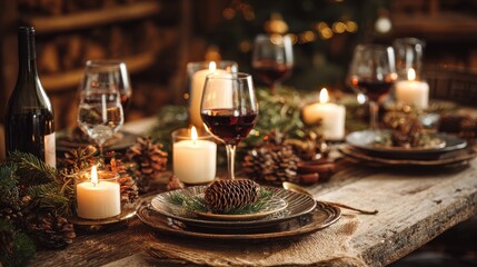 Fototapeta premium elegant christmas dinner table candles wine festive plates rustic wooden interior warm cozy holiday celebration family gathering decor photography 