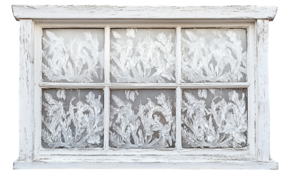 Frost covered window with delicate patterns symbolizing winter artistry frozen beauty and seasonal serenity isolated on transparent background PNG